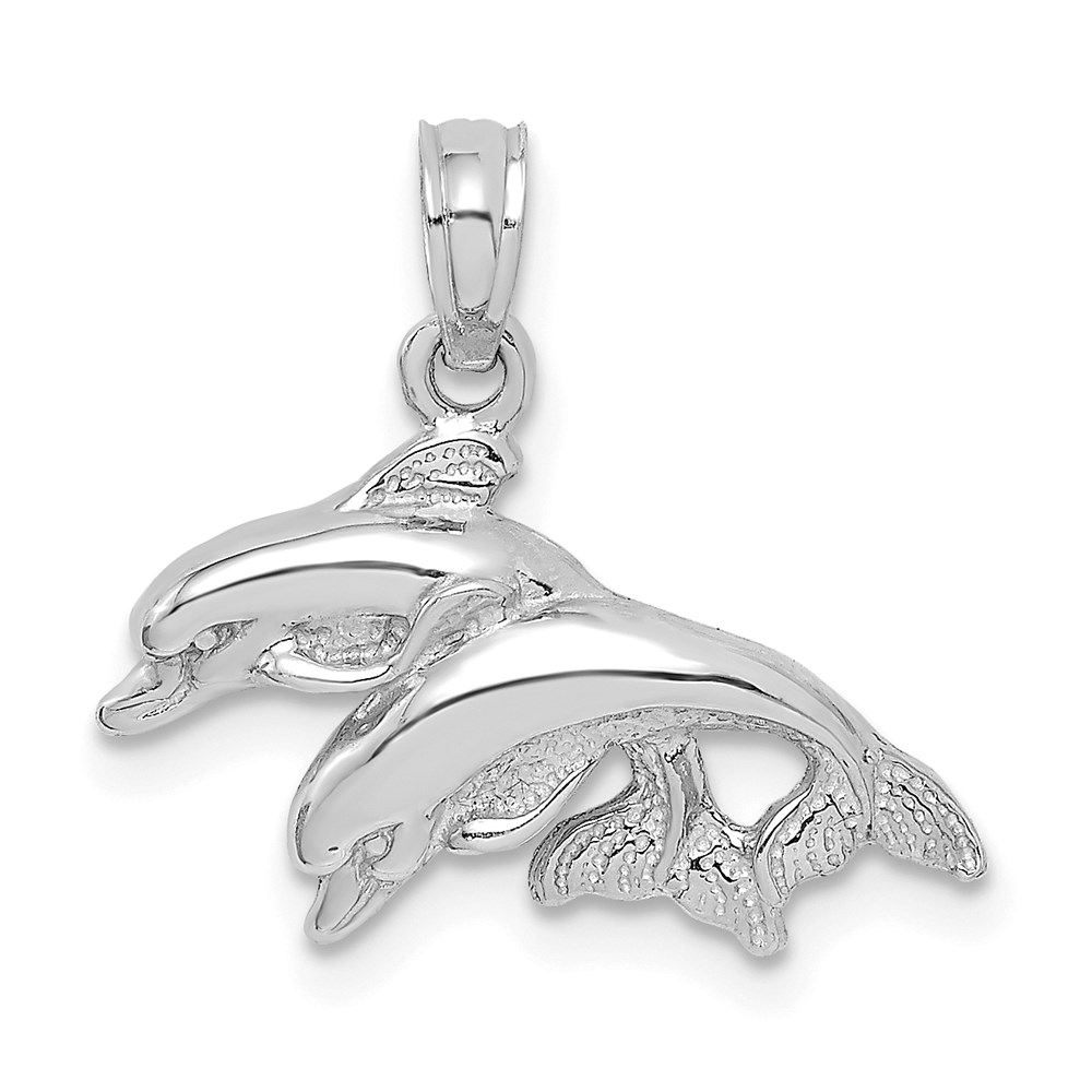 10k White Gold Polished Double Dolphins Jumping Necklace Charm Pendant